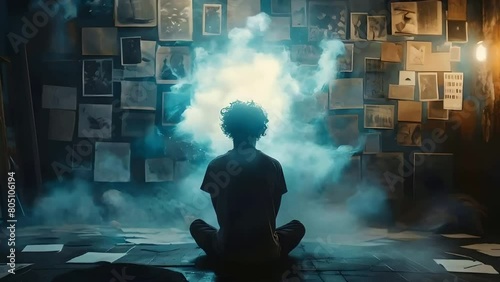 person thinking in empty room, surrounded by smoke and walls covered with photographs and documents, brainstorming concept