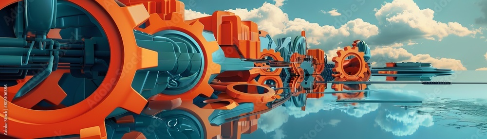 An artistic rendering of massive mechanical gears and structures, reflecting over a serene water surface under a clear sky. An artistic rendering of massive mechanical gears and structures, reflecting over a serene water surface under a clear sky.