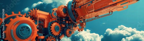 A futuristic flying structure, composed of intricate mechanical gears and orange elements, soaring above the clouds.
