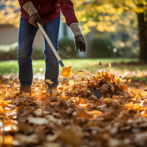 Person tidies a park, raking bright autumn leaves on a sunny day, capturing the essence of fall upkeep photo