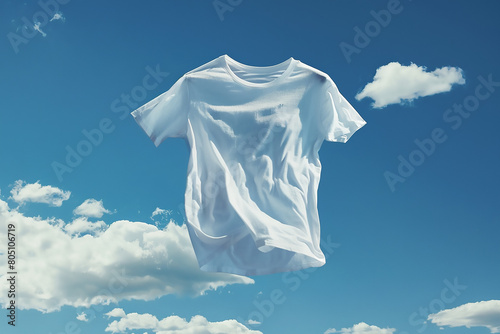 A plain white T-shirt hanging on a clothesline on a beautiful, sunny day, add text or graphic to shirts or copy space © Farjana CF- 2969560