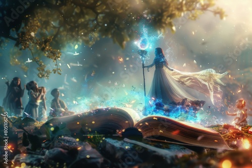 3D render of a manipulation depicting an open book. In the center of the book  a beautiful cosmic sorceress stands  casting magic with her whimsical staff
