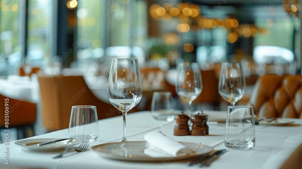 Elegant Dining Experience. Indulge in Style as Tables Await at a Large Luxury Restaurant, Set Amidst a Modern Ambiance Elegant Dining Experience. Indulge in Style as Tables Await at a Large Luxury Restaurant, Set Amidst a Modern Ambiance