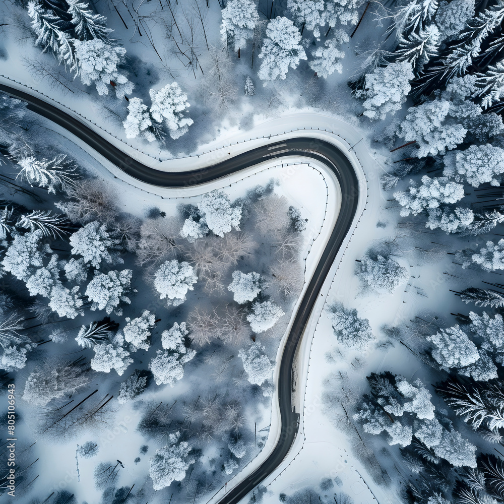 Top-down shot of a curving road amidst snow-laden trees, evoking serene winter beauty