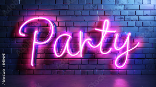 Pink neon sign displaying the word party glows brightly against a textured brick wall