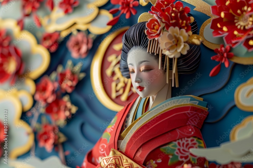 model of a woman adorned in traditional bright red Japanese attire. The model should include a full moon, clouds, and red and gold floral elements, meticulously crafted to highlight model of a woman adorned in traditional bright red Japanese attire. The model should include a full moon, clouds, and red and gold floral elements, meticulously crafted to highlight