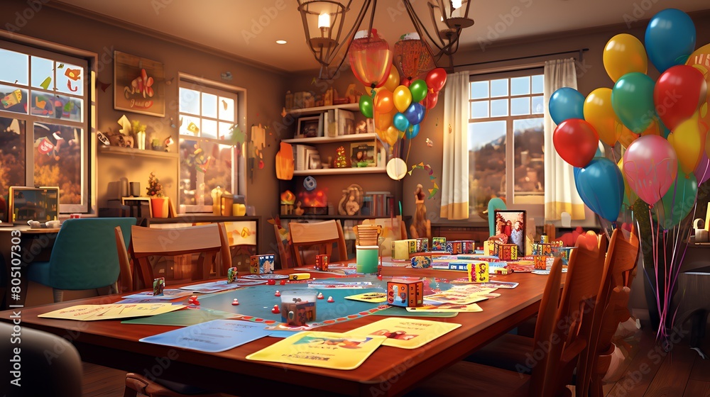 A family-friendly game night to celebrate a birthday, with board games, card games, and laughter filling the room with joy and excitement.