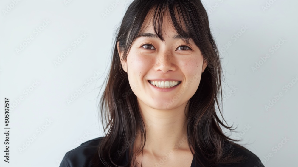 Fototapeta premium 日本人の中年女性、笑顔のアップ、白背景 