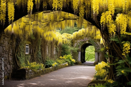 Bodnant Garden, Wales: A scene from the Laburnum Arch and the terraced gardens at Bodnant.