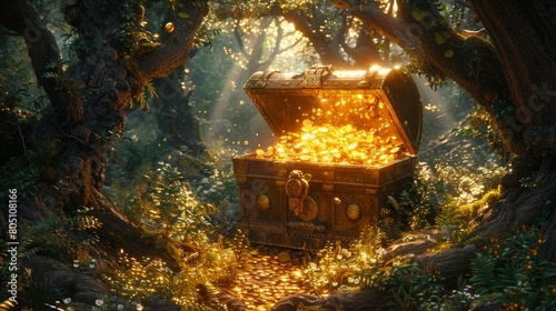 A chest full of gold in the forest
 photo