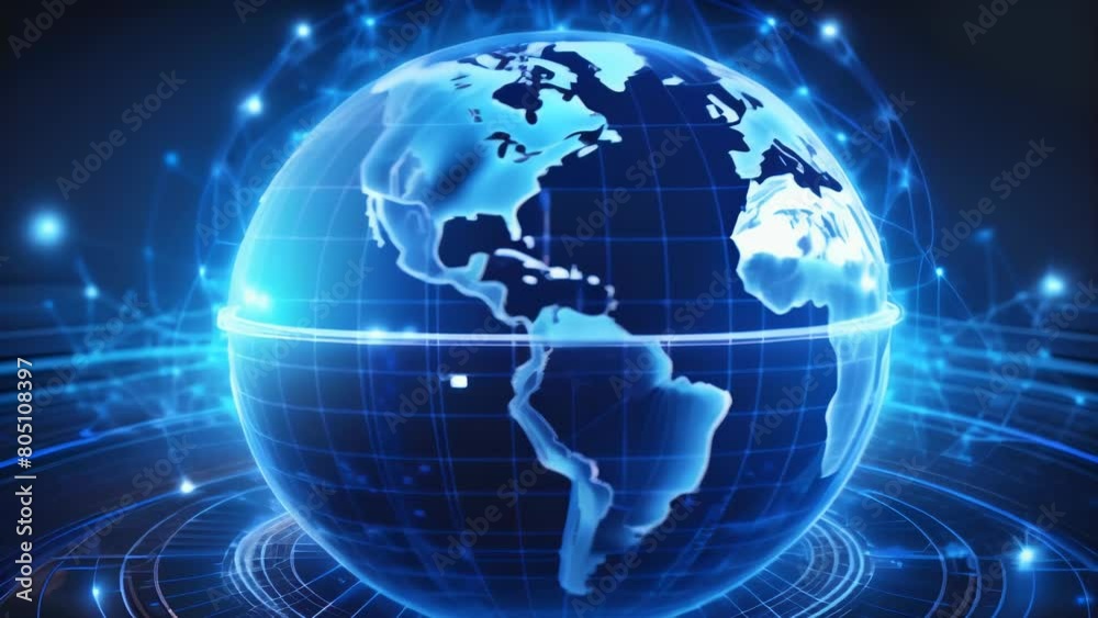 Illuminated digital globe displays world map with bright network connections. Futuristic blue holographic style against dark background conveys global connectivity, technology. Illuminated digital globe displays world map with bright network connections. Futuristic blue holographic style against dark background conveys global connectivity, technology.