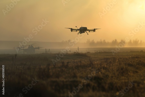 Drone surveilling enemy positions for allied forces intelligence during battlefield flight photo