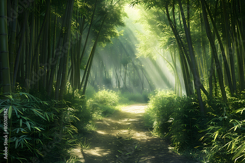 a path within a bamboo forest  include a dirt path and volumetric lighing 