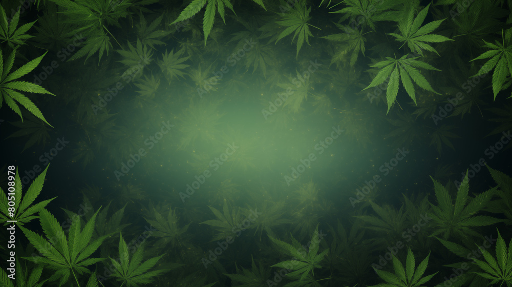 Many lush green marihuana leaves cover the entire background, creating a vibrant and natural setting