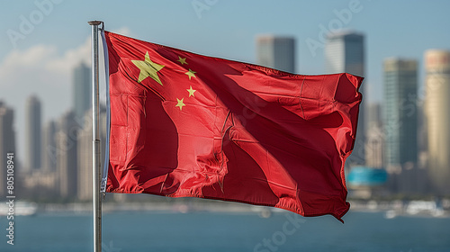 the flag of China flying proudly on the flagpole against the backdrop of a metropolis with skyscrapers, the country's economically successful development photo