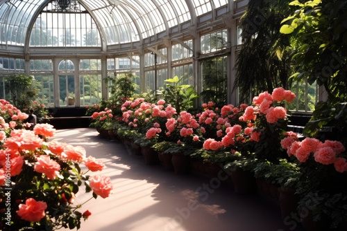 Glasgow Botanic Gardens, Scotland: A scene from the Kibble Palace and the Rose Garden.