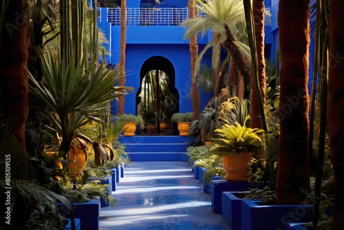 Majorelle Garden, Morocco: A scene from the vibrant blue gardens in Marrakech.