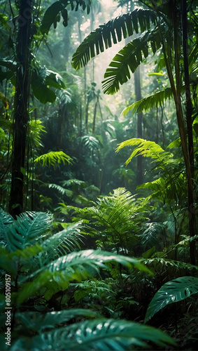 Rainforest Reverie  Lose Yourself in the Beauty of a Tropical Jungle  where Lush Wet Green Foliage Creates a Verdant Canopy that Teems with Life and Vitality.