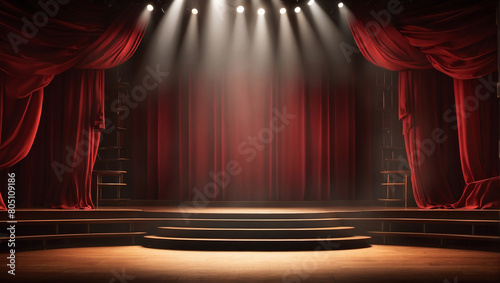 stage with red curtains spots light