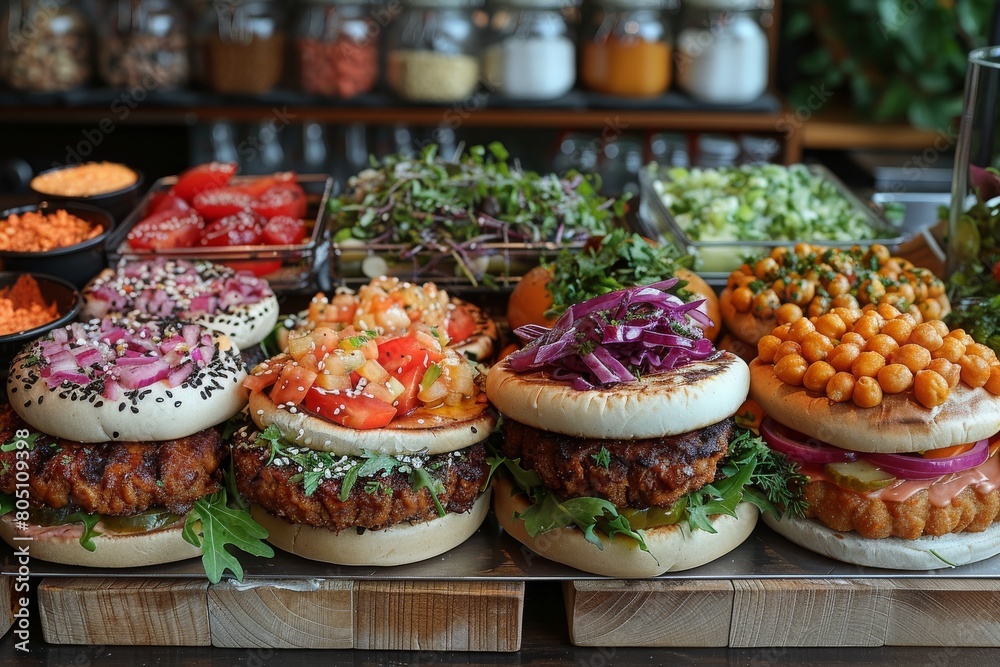 Colorful gourmet veggie burgers on buns garnished with fresh vegetables and sesame seeds, showcasing variety in vegetarian cuisine, concept of health-conscious eating and culinary artistry Colorful gourmet veggie burgers on buns garnished with fresh vegetables and sesame seeds, showcasing variety in vegetarian cuisine, concept of health-conscious eating and culinary artistry