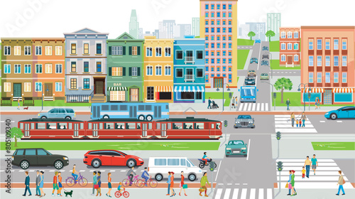 Stadtsilhouette einer Stadt mit öffentlichen Verkehr  und Personen, illustration © scusi