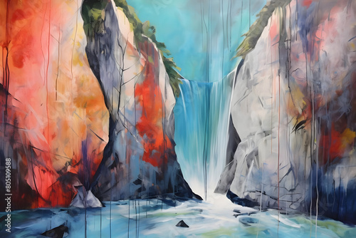 hopeful waterfall overlooking cliffs, abstract landscape art, painting background, wallpaper