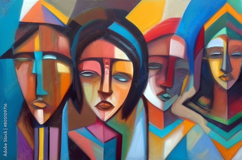 Abstract geometric painting depicting the cultural diversity of peoples through vibrant colors and intricate patterns Abstract geometric painting depicting the cultural diversity of peoples through vibrant colors and intricate patterns