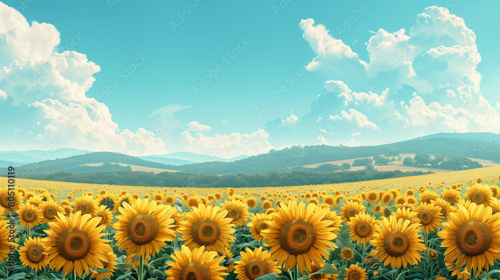 a fabulous field with sunflowers on the background of an incredibly light blue sky and white clouds, an association with a pleasant road adventure and vacation memories