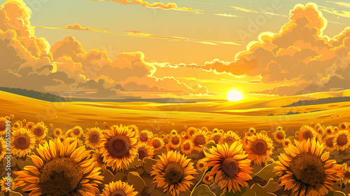 a fabulous field with sunflowers against the background of an incredible sky with a sunset covering everything with golden light and white clouds, an association with pleasant road adventures 