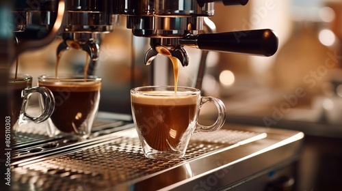 Espresso pouring from coffee machine into cup, close-up