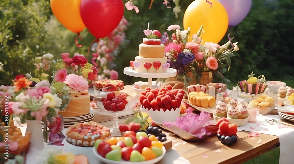 A festive birthday brunch with colorful balloons, fresh flowers, and delicious food spread out on a beautifully decorated table.