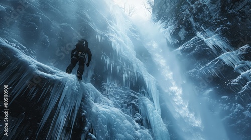 Behold the Courageous Feat of a Climber Scaling a Frozen Waterfall, Challenging the Elements and Pushing the Boundaries of Exploration in the Icy Wilderness photo