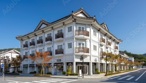 3 storey building with traditional hanok architecture / limestone white walls / the building is situated on a crossroad / upper floors have balconies / building is 