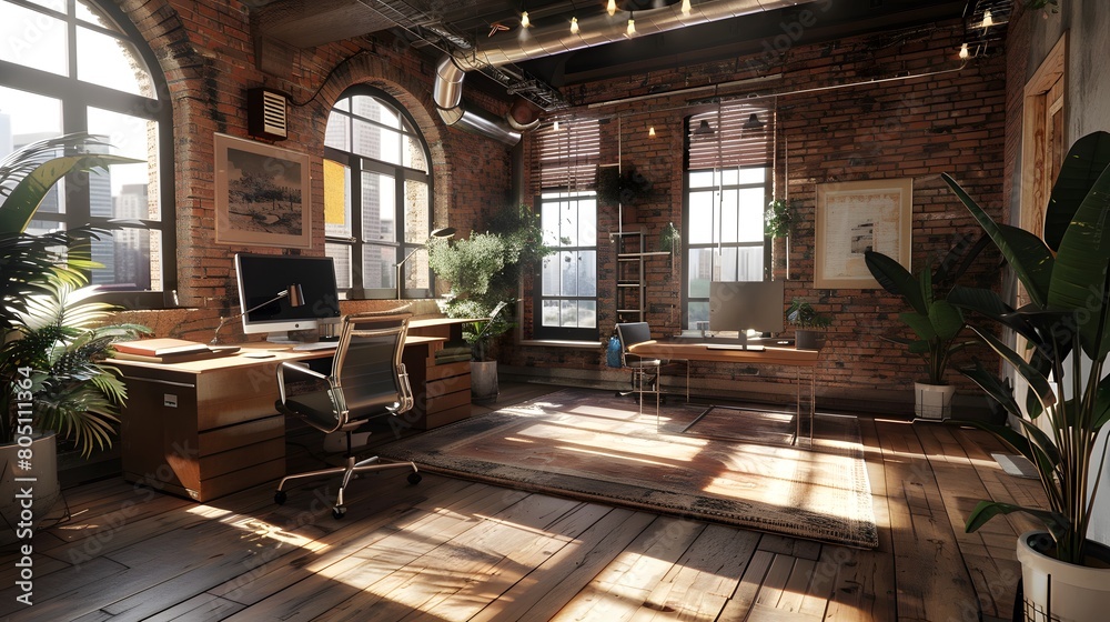 Modern Loft-Style Office Space: A sunlit cozy office with brick walls and green plants Modern Loft-Style Office Space: A sunlit cozy office with brick walls and green plants