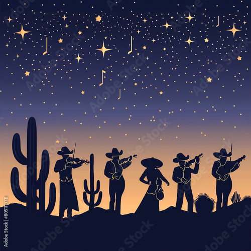 An elegant vector background featuring a stylized illustration of a Mexican mariachi band performing under a starry night sky, with silhouetted cacti in the foreground