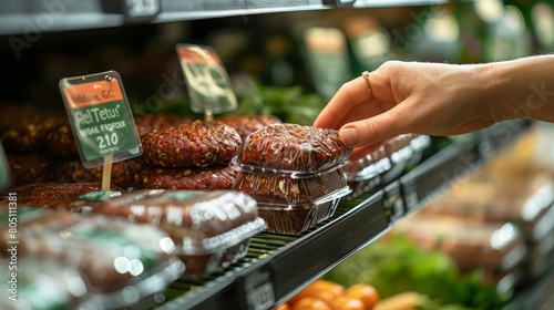 Customer selecting vegan muffins at a grocery store, highlighting conscious dietary choices, Concept of health-conscious lifestyle and sustainable eating photo