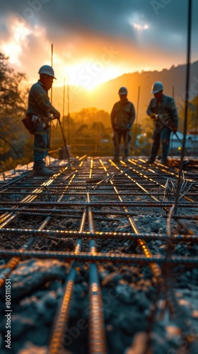 e workers on a construction site tying rebar,morning, sunny, workers in good working shape, Hyper realistic --ar 9:16 --stylize 450 photo