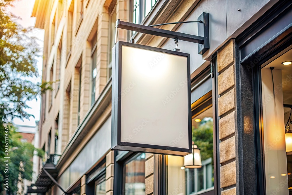 signboard mockup and template empty frame for logo or text on exterior street advertising city shop background, modern flat style signboard mockup and template empty frame for logo or text on exterior street advertising city shop background, modern flat style