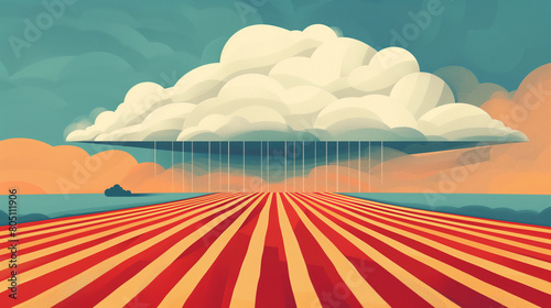 a white cloud from which it rains over a field sown with agricultural crops, timely rain for a good harvest, abstract illustration photo