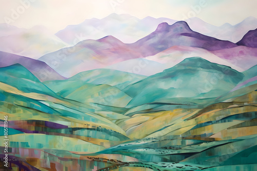 dreamy mountain nestled in farmhouse, abstract landscape art, painting background, wallpaper © Niko