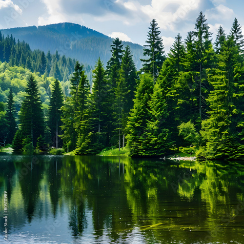 Tranquil and serene forest lake with reflection of pine trees in the clear water. Surrounded by lush greenery and a breathtaking mountain landscape
