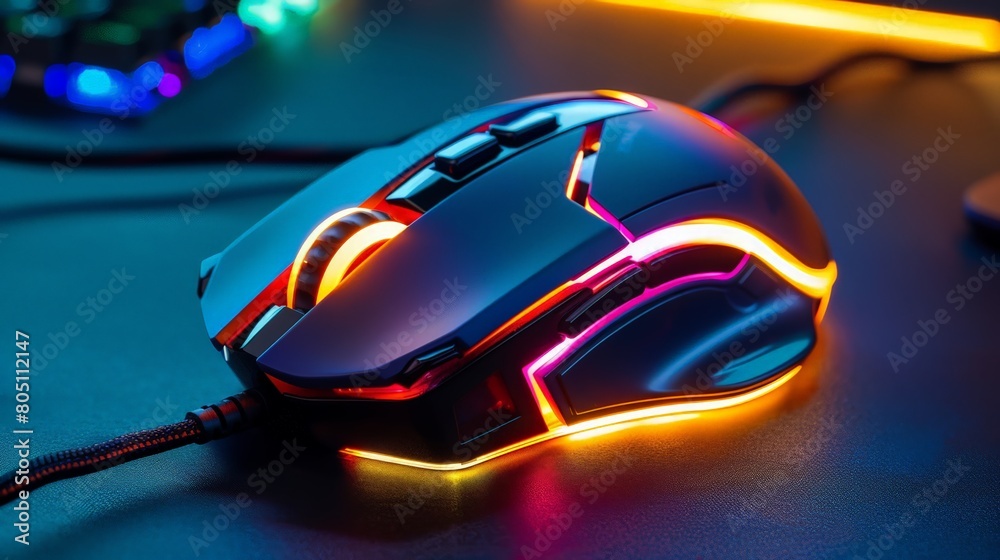 The high-tech gaming mouse, aglow with dynamic lighting, responds with precision to every movement, enhancing the player's immersion in the virtual realm.