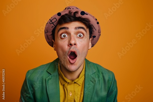 Georgian adult male in stylish clothing standing shocked with open wide eyes on one color background photo