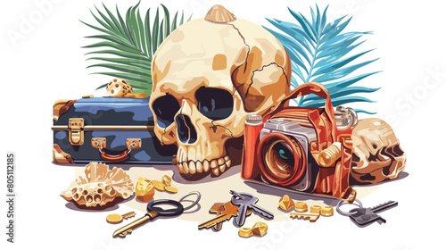 Human scull with travel equipment keys and golden nug photo
