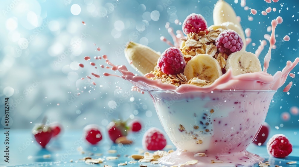 A Symphony of Freshness. Vibrant Berries, Banana Slices, Seeds, and Milk Splash Gracefully Float on a Sky Blue Background, Inviting a Delightful Feast for the Senses A Symphony of Freshness. Vibrant Berries, Banana Slices, Seeds, and Milk Splash Gracefully Float on a Sky Blue Background, Inviting a Delightful Feast for the Senses