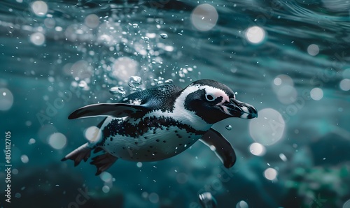 penguin swimming underwater during the daytime in a bright turquise sea, Generative AI 
