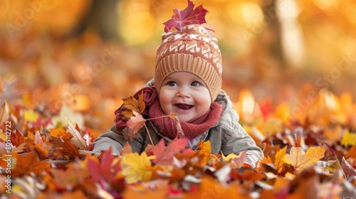 Infant s beaming smile amidst fall leaves