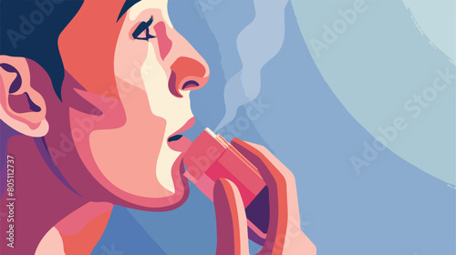 Ill man with inhaler on grey background closeup Vector