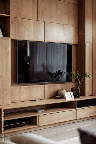 Sophisticated, Minimalistic TV Cabinet with Warm Wood Textures and Elegant Decors