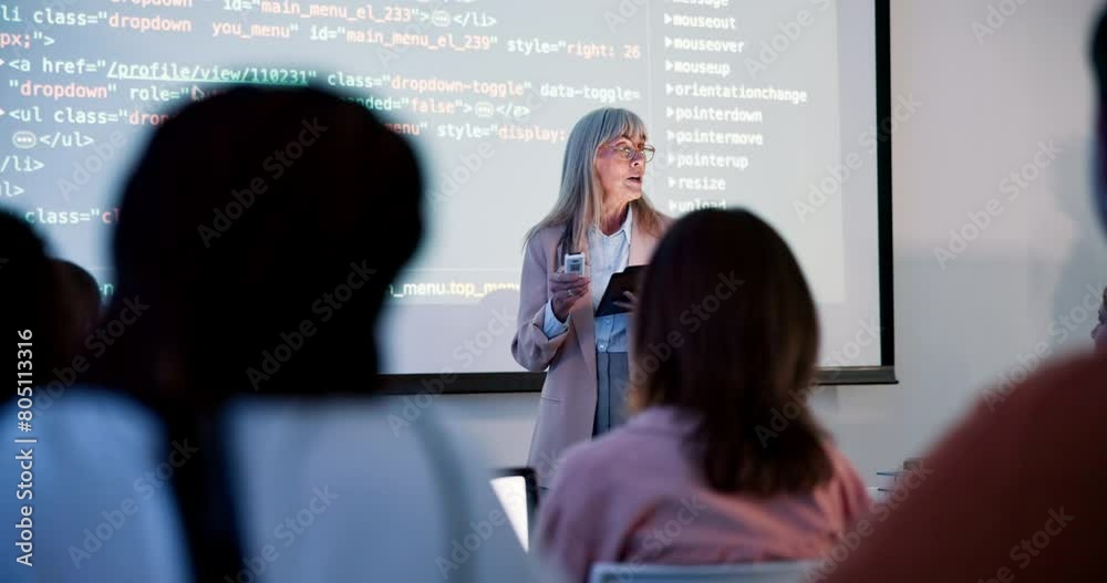 Female teacher, coding and screen in class for education with html, teaching with technology for web development. Woman, lecture and tablet for projection to class, introduction or programming